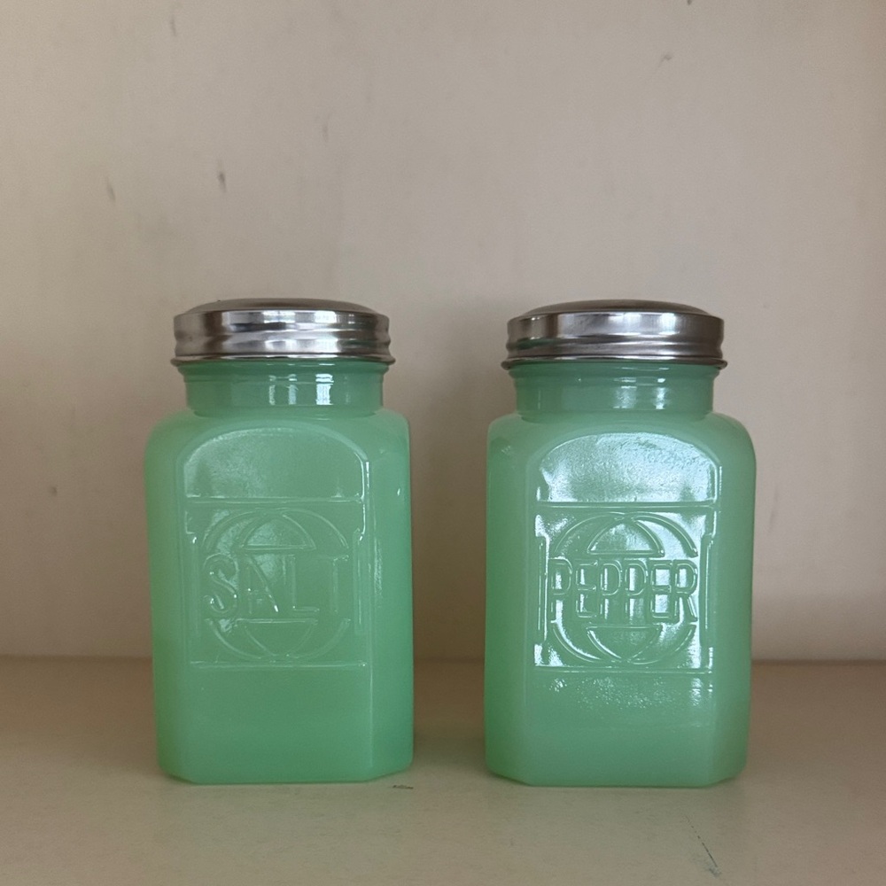 Jadeite Green Glass Salt & Pepper Shakers with Metal Lids